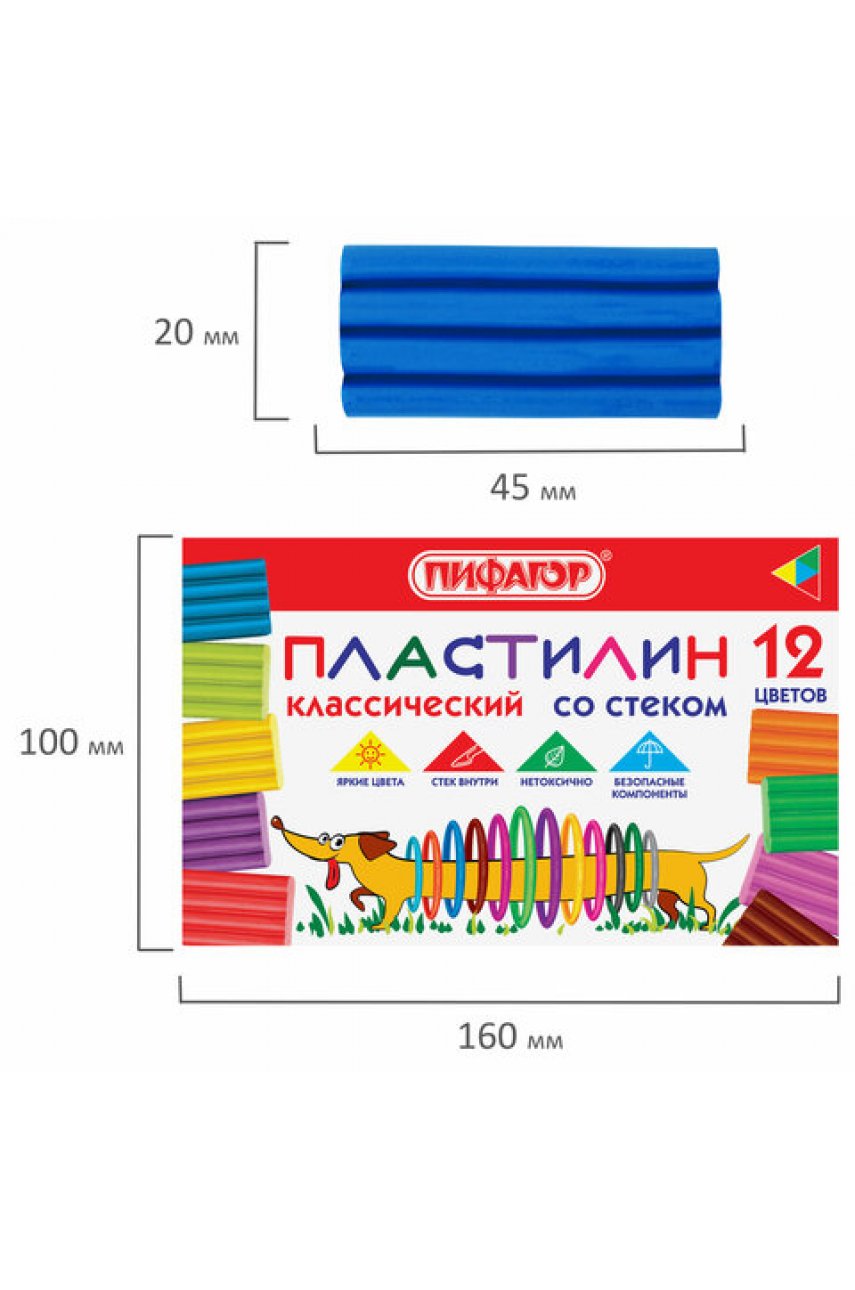 Пластилин классический "Веселая такса", 12 цветов, 180 г, СО СТЕКОМ