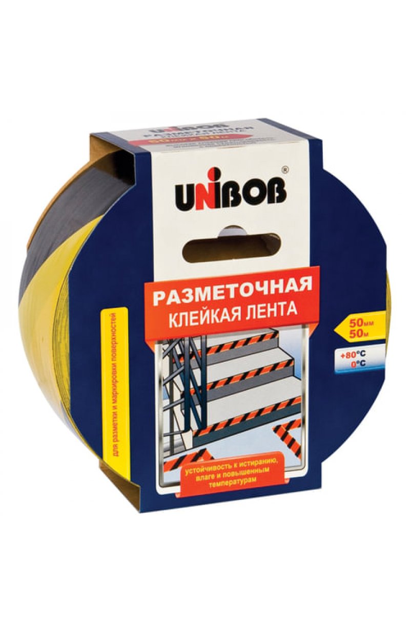 Клейкая лента разметочная 50 мм х 50 м, желто-черная, UNIBOB, основа-ПВХ, европодвес